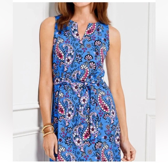 Talbots Seaside Paisley Tie waist Sleeveless Blue Jersey Midi Dress Size XLP - Picture 12 of 13